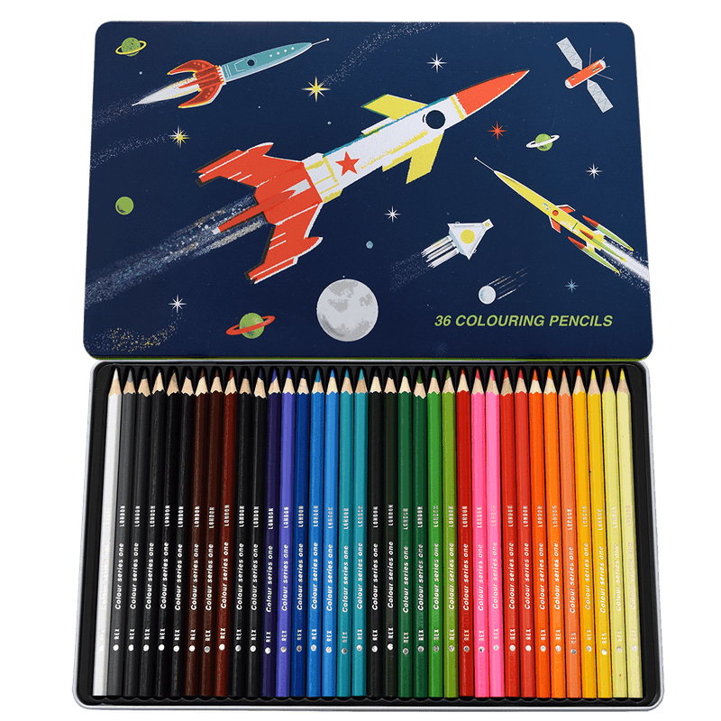 Space Age 36 Colouring Pencils In A Tin | NSPCC Shop.
