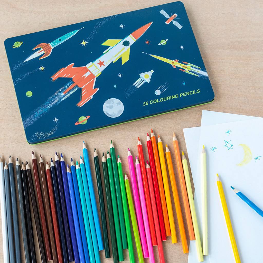 Space Age 36 Colouring Pencils In A Tin | NSPCC Shop.
