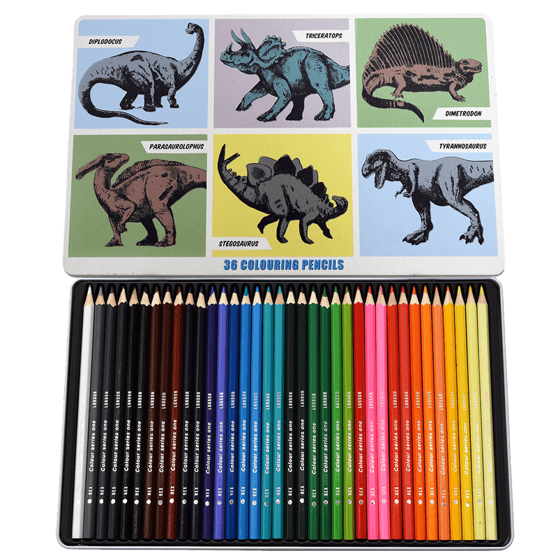 Prehistoric Land 36 Colouring Pencils In A Tin | NSPCC Shop.