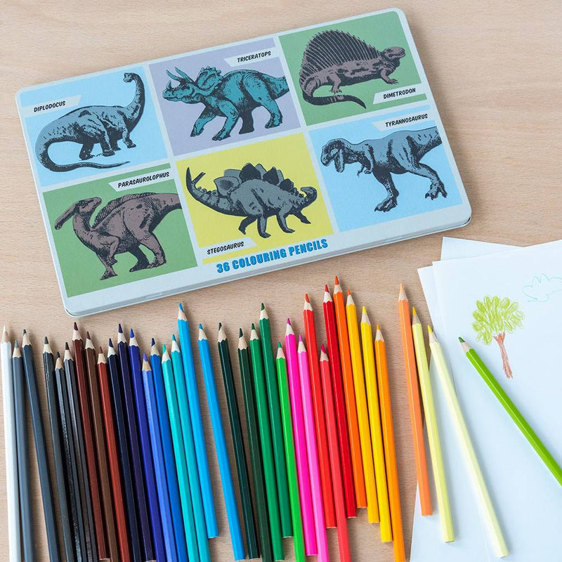 Prehistoric Land 36 Colouring Pencils In A Tin | NSPCC Shop.