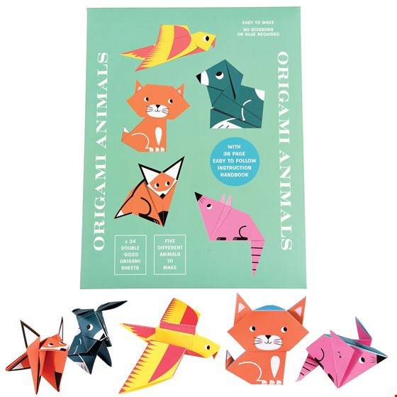 Whiteout Origami Animal packaging alongside examples of each Origami Animal included in the kit. 