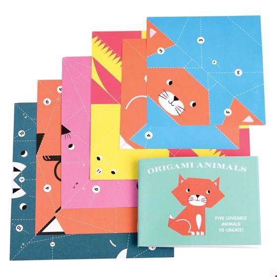 Examples of the Origami paper included in the kit, alongside the Origami Animals instructions book.